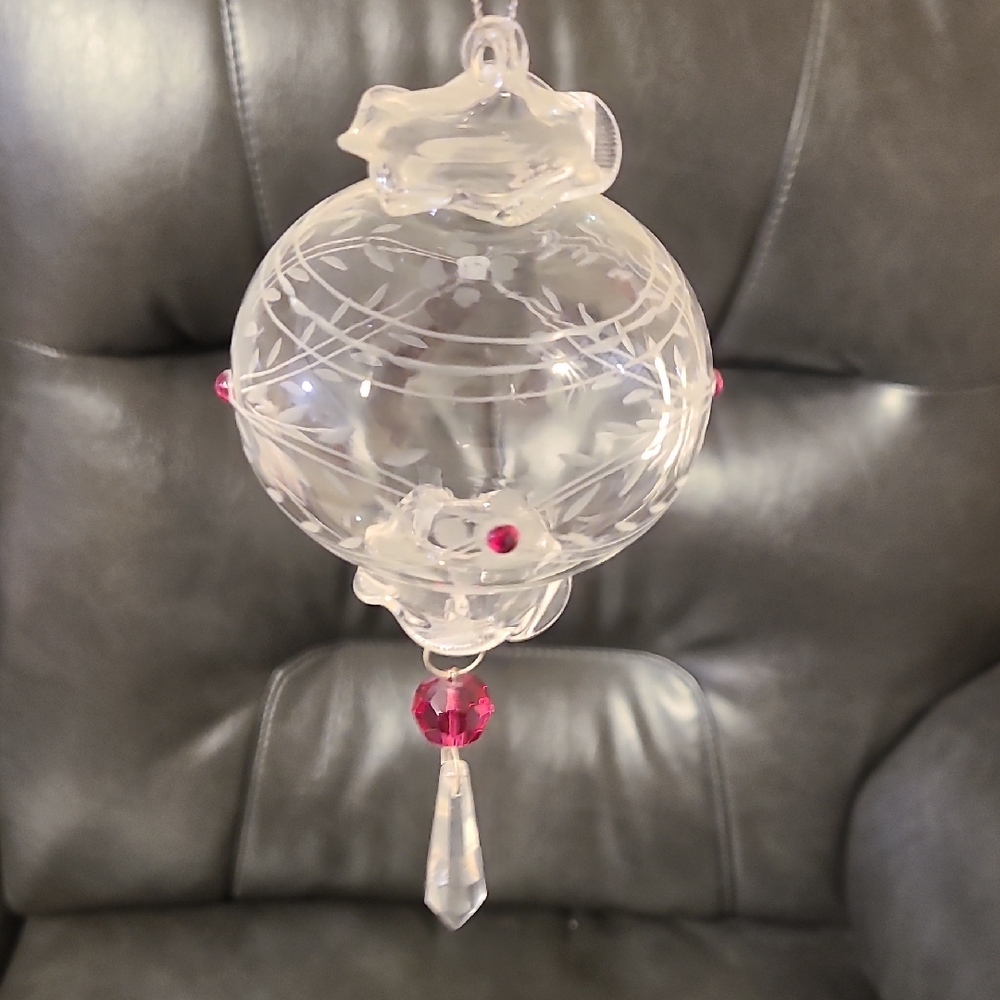 Vintage Etched Fluted Glass Christmas Ornament Crystal Dangle Red Rhinestones